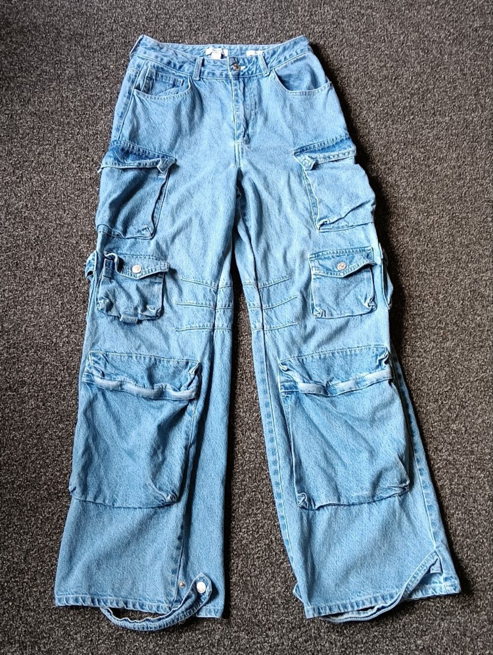Multi Pocket Blue Denim Cargo Wide Leg Jeans Forever 21 Premium Womens 26 Grunge